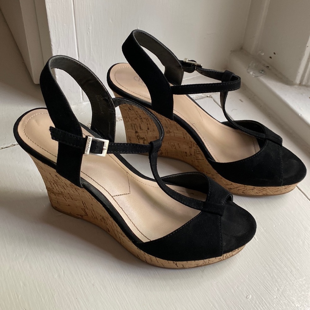 Charles David black suede and cork wedges